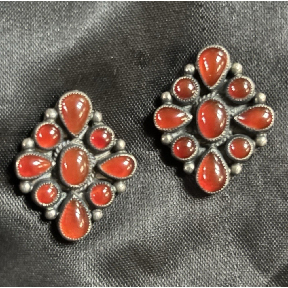 Vintage Don Lucas Starling Silver & Carnelian Cluster Stud Earrings Signed 1"